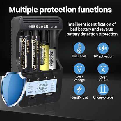 18650 Battery Charger, MIEKLALE 4 Bay Battery Charger with LCD Display Fast Charge for Rechargeable Batteries Li-ion 26650 18650 16340 10440 14500 20700,NI-MH NI-Cd AA AAA