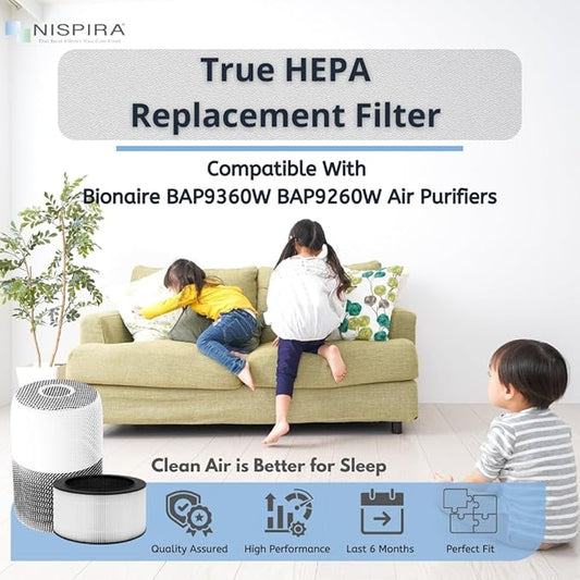 Nispira BAPF160 Replacement Filter K for Bionaire Air Purifier BAP9360W BAP9260W 3-in-1 True HEPA Activated Carbon, 3 Packs