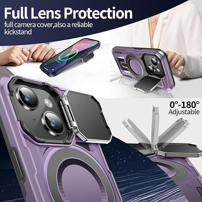 Camera Stand Case for iPhone 13/14, [Compatible with Mag Safe] [Lens Cover] 2024 Version Military Grade Protective Soft Case for iPhone 13/14 6.1 inch Men Women, Purple