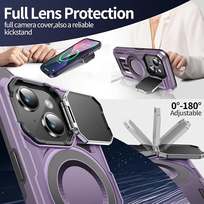 Camera Stand Case for iPhone 14 Plus, [Compatible with Mag Safe] [Lens Cover] 2024 Version Military Grade Protective Soft Case for iPhone 14 Plus 6.7 inch Men Women, Purple