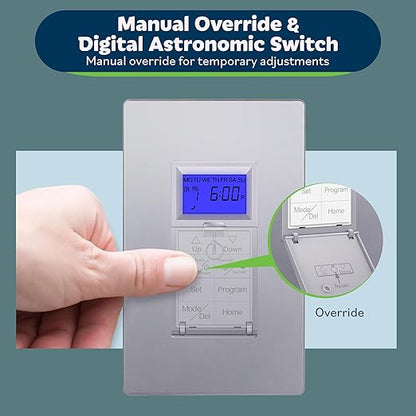 TOPGREENER Digital Astronomic Timer Switch, 7-Day Programmable Sunrise Sunset Timer for Lights, Fans, & Motors, Single-Pole or 3-Way, Neutral Wire Required, UL Listed, TGT01-HN-SV, Silver