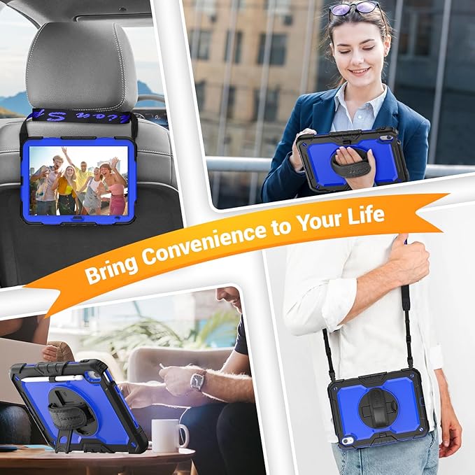 SEYMAC Case for iPad (A16) 11th/10th Generation 2025/2022 (11″/10.9″), Heavy Duty Full-Body Shockproof Protective Case with Screen Protector, Rotating Stand, Hand/Shoulder Strap, Black/Dark Blue