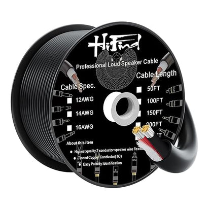 HiFind 14/2 Gauge Speaker Wire Cable 200 Ft-Tinned OFC Copper-UL CL3 Rated- Indoor/Outdoor-Pro Series 14 AWG-UV PVC Jacket&Cotton, Hi-Fi Sound for Car Audio,Home Theater Speakers,Stereos-Black