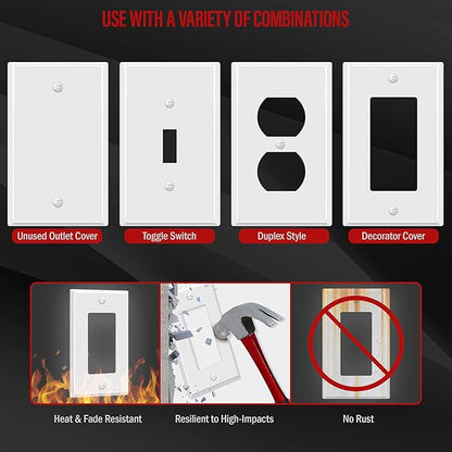 ENERLITES Decorator Switch Metal Wall Plate, Outlet Cover, Corrosion Resistant, Standard Size 1-Gang 4.50" x 2.76", Powder Coated Stamped Steel, 7731-WG, White Gloss