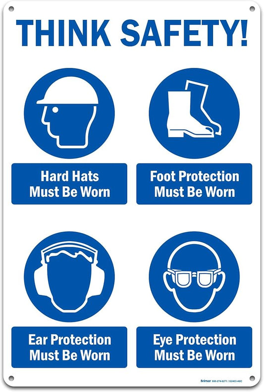 Brimar - 12" x 18" - Think Safety PPE Must Be Worn Sign - .063″ White Rust-Free Aluminum - Comprehensive Message - Easy Installation