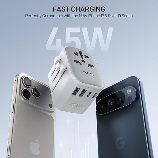 EPICKA Pulse 45W European Travel Plug Adapter, Universal Power Adapter with PD Fast Charging, 5-Port (1 AC/2 USB-A/2 USB-C) International Charger Adapter for Europe, Japan - Travel Essentials (White)