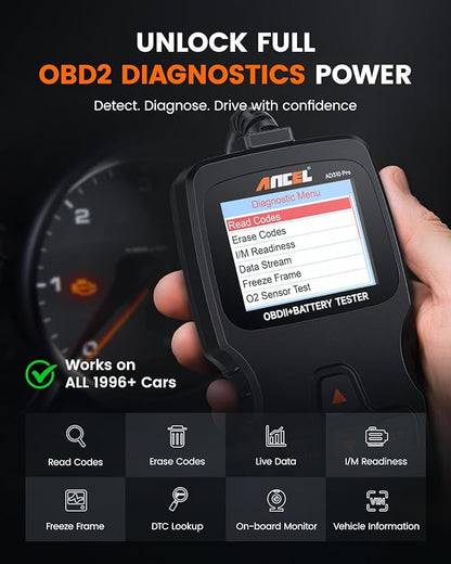 ANCEL AD310 Pro 2-in-1 OBD2 Scanner & Car Battery Tester, Diagnostic Tool with Bluetooth APP for iPhone & Android, Performance Test, Trip Analysis, Engine Health Self Check for All 1996+ Vehicles