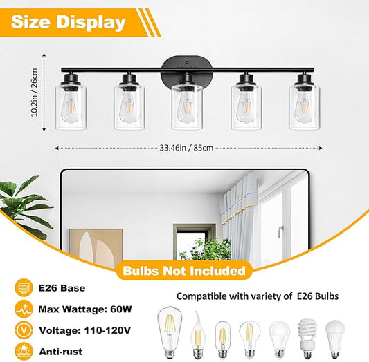 Unicozin 5 Light Bathroom Light Fixtures,33.5 Inch Vanity Lights for Bathroom, Lacquered Black Wall Lamp with Clear Glass for Mirror, Living Room, Hallway, Cabinet, E26 Base