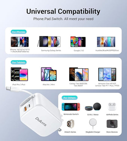 Retractable Wall Charger,40W Dual Port QC3.0+PD Fast USB C Charging Block,Type C Power Adapter Brick Cube for iPhone 17/16/15/14/13/12 Pro Max Plus,Samseng Galxy S24/S23(with 2.6FT USB C Cable)