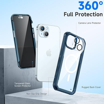 seacosmo for iPhone 15 Plus Case, Full Body Bumper with Built-in 9H Tempered Glass Privacy Screen Protector and Camera Lens Protector, Compatible with MagSafe, Shockproof Phone Cover, 6.7", Blue