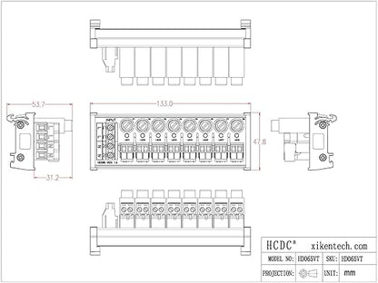 DIN Rail Mount AC 24-250V 8 Channel Pluggable Top Wiring Terminal Block Power Distribution Fuse Module, HCDC HD065VT