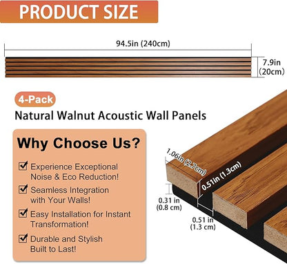 QDYMXUN Wood Slat Acoustic Wall Panels, 4-Pack 94.5'' x 7.9'' 3D Fluted Sound Absorbing Paneling for Interior Accent Wall Decor, Living Room (Natural Walnut)