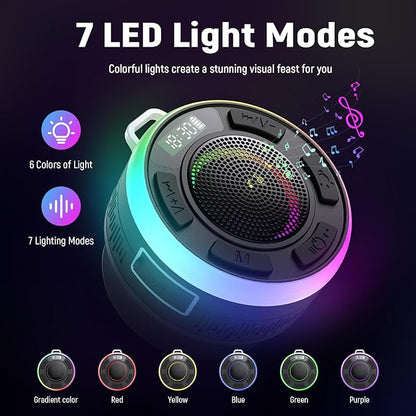 IPX7 Waterproof Shower Bluetooth Speaker, Portable Small Speaker with Suction Cup and Time Display, Loud Crystal Sound & Bass 10H Playtime 1100mAh, Wireless Shower Speakers for Pool, Beach Gift Black