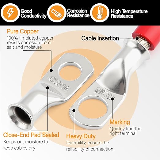 20PCS 4 AWG 5/16 3/8 inch Battery Cable Lugs,4 gauge Tinned Copper Crimp Connector Ring Terminal Wire Ends with 20pcs 3:1 Adhesive Heat Shrink Tubing in Dual-neck bottle