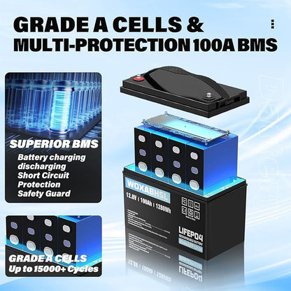 WOXABHSL 2PCS 12V 100Ah LiFePO4 Lithium Battery, Built-in 100A BMS, 15000+ Deep Cycles, Max 1280W Power Output, FCC&UL Certificates, Perfect for RV, Solar, Marine, Off-Grid
