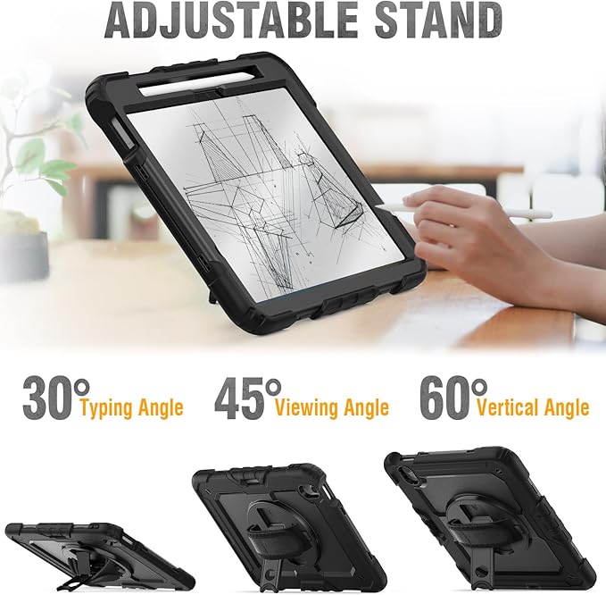 HXCASEAC Case for iPad Air 11 inch (2025 M3 / 2024 M2), Shockproof Design with Pencil Holder/Screen Protector/Rotating Hand Strap, Protective Cover for iPad Air 7th/6th Generation - Black