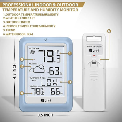 Indoor Outdoor Thermometer Wireless Weather Station, Temperature Humidity Monitor Battery Powered with 330ft Range Remote Sensor and Backlight Display（Light Blue）
