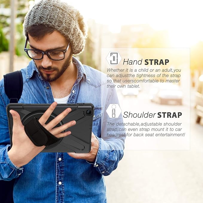 BRAECN for Galaxy Tab A 10.1 2019 Case, Heavy Duty Shockproof Rugged Case with 360 Degree Rotating Hand Strap/Stand and Shoulder Strap for Samsung Tab A 10.1 SM-T510/T515 2019 (Black)