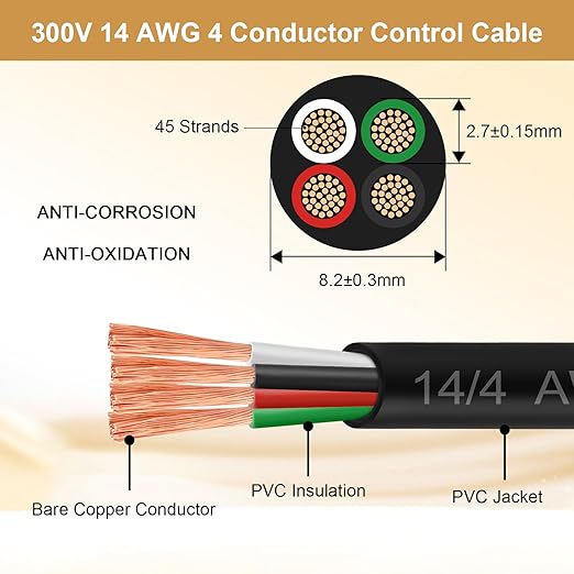 MOOKEERF 14/4 AWG Mini-Split Cable - 200FT 14 AWG 4 Conductor Control Cable 300V Stranded Oxygen-Free Pure Copper Wire for Mini Split Air Conditioner,Heat Pump,HVAC Systems and Speaker Systems