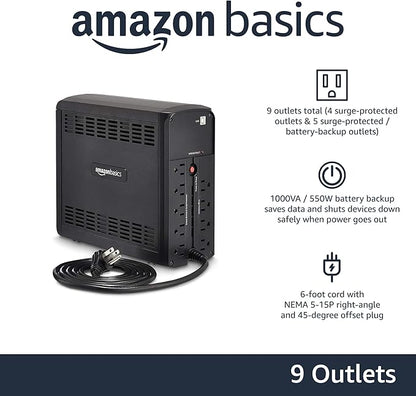 Amazon Basics UPS Battery Backup & Surge Protector 1000VA/550W, 9 Outlets, Line Interactive Uninterruptible Power Supply, for Power Outage Protection, Black