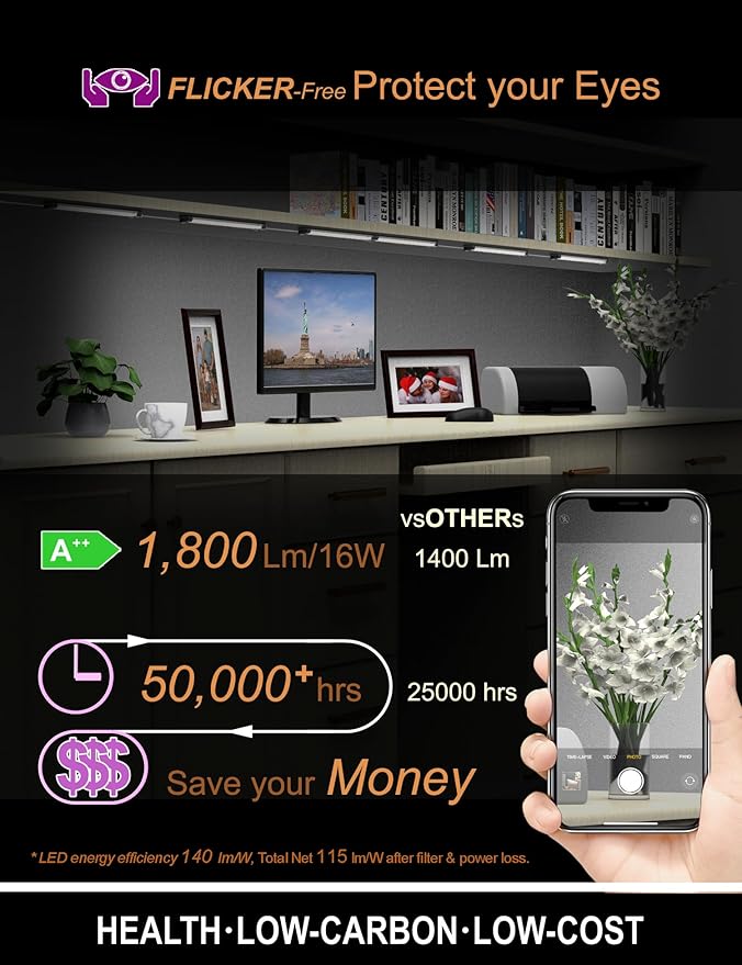 EBD LED Display Cabinet Lighting 4-Way 1.2m / 48" Splitter Parallel Connection Shelf Lights Touch Bookcase Lighting 4 Panels Counter Light Bar Energy 1800 Lm 3000K for Kitchen Pantry Garage Closet