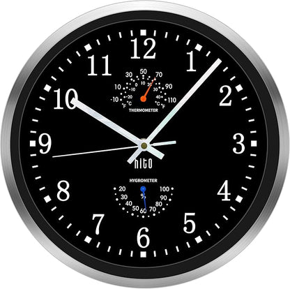 HITO 12 Inch Silent Wall Clock Battery Operated Non Ticking Glass Cover Silver Aluminum Frame, for Kitchen, Bedroom, Home Office, Living Room Decor (12" Black)