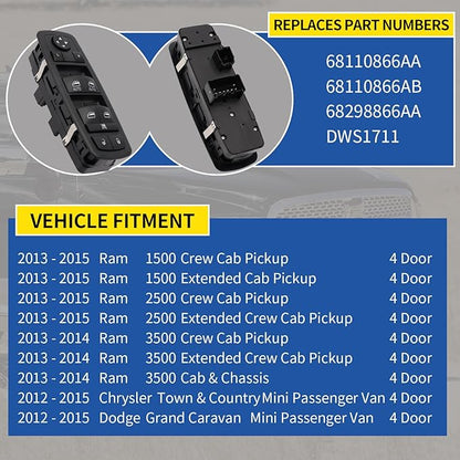 AMICAREP Master Power Window Switch Driver Side Compatible with 2012-2015 Dodge Grand Caravan Ram 1500 2500 3500 Town & Country 9+3 Pin 4 Door Replaces# 68110866AB
