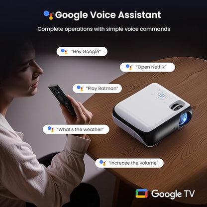 Official Licensed Google TV Smart Projector, HAPPRUN 4K UHD Home Theater with Dolby Sound, Wi-Fi & Bluetooth, Built-in Streaming Apps, Compatible with Games Consoles & Smartphone, Indoor & Outdoor Use