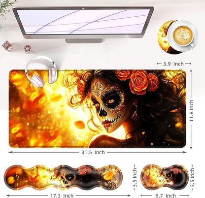 BFUKVOU Large Keyboard Mouse Pad Set, Extended Mouse Pad+Keyboard Wrist Rest Support, Memory Foam Ergonomic Easy Typing, 4Pcs (31.5×11.8 in) Desk Pad Set for Office Home,Skull Woman with Rose