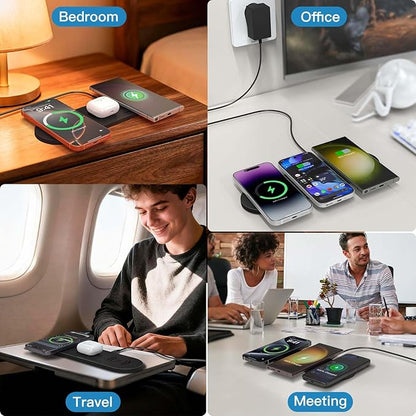 ZealSound Wireless Charging Pad,Triple Wireless Charger Pad Multiple Devices Compatible with iPhone Phone New AirPods Galaxy Buds Ultra-Slim PU Leather Wireless Charging Mat for Smartphone Phone Black