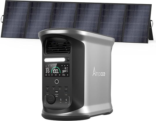 AMPACE 2400W Solar Power Station with 500W Solar Panels Andes 1500, 1462Wh Battery Generator with 4 AC Outlets, 1H Full Charging, APP Control Battery Backup for Home, RV