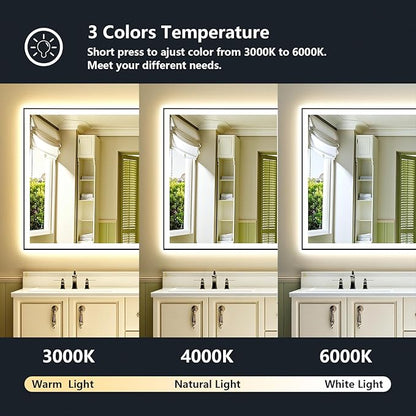 YEELAIT 66x40 Inch LED Bathroom Mirror with Lights (Front Lit and Backlit) Black Framed Lighted Vanity Mirror for Bathroom Wall Dimmable Anti-Fog Memory Tempered Glass Horizontal/Vertical