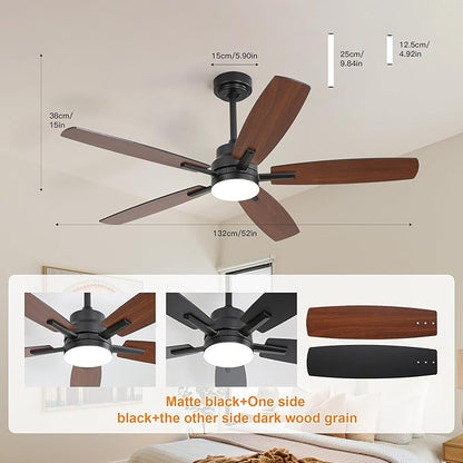ARTPLAN 52" Ceiling Fan with Light and Remote, Noiseless DC Motor & Reversible Blades - Flush Mount LED Ceiling Fan for Bedroom, Living Room, Dining Room,Black