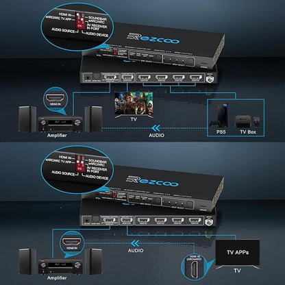 4K@120Hz HDMI 2.1 Switch 4 in 1 Out with Audio Extractor VRR ALLM HDCP2.3 ARC eARC HDR CEC SPDlF Optical and 3.5mm Audio Out D-o-l-b-y Digital EDID for PS5 Xbox NVIDIA AMD