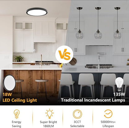 RLEDPZTX Led Flush Mount Ceiling Light,9 Inch 18w 1860lm,3000k/4000k/6000k 3CCT Selectable, Round Modern Flat Panel Super Slim Led Ceiling Light,for Living Dining Kitchen Bedroom Room (6Pack-Black)