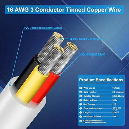 16 Gauge 3 Conductor Electrical Wire, 32.8FT Low Voltage 16/3 Tinned Copper Stranded 3 Wire Cable, 16 AWG White Flexible Extension Power Cord for Automotive, LED Lamp, Outdoor Landscape Lighting Etc
