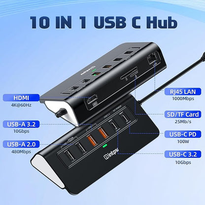 intpw P9R PRO USB C Hub Ethernet, 10Gbps USB C Docking Station 10-in-1 with 4K@60Hz HDMI, Type-C & 2 USB A 3.2 Data, LAN, 2 USB A 2.0, PD 100W, SD/TF Ports, Powered USB Hub for Laptop, iPhone 17, Mac