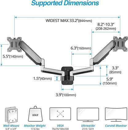 AVLT Dual 13"-32" Monitor Wall Mount fits Two Flat/Curved Computer Screen to Reduce Eye & Neck Strain | Full Motion Swivel Tilt Rotation Height Adjustable Arm | VESA/Cable Management