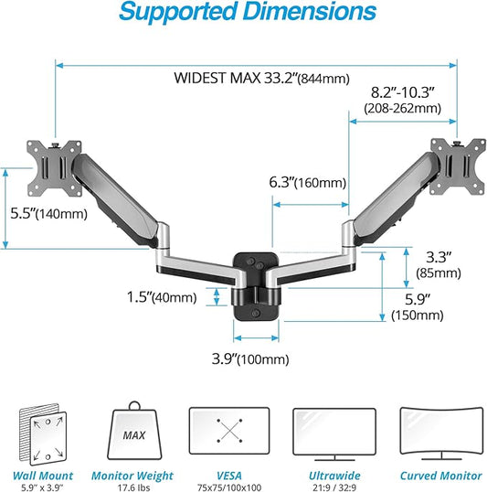 AVLT Dual 13"-32" Monitor Wall Mount fits Two Flat/Curved Computer Screen to Reduce Eye & Neck Strain | Full Motion Swivel Tilt Rotation Height Adjustable Arm | VESA/Cable Management