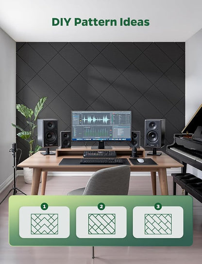Topnaca Decorative Acoustic Soundproof Walls Panels for Room, 12 Pack Blcak Self Adhesive Sound Absorbing and Noise Reducing Tiles for Studio, Bedroom, Home Office, Ceiling, Pared, 12"x12"x0.4"