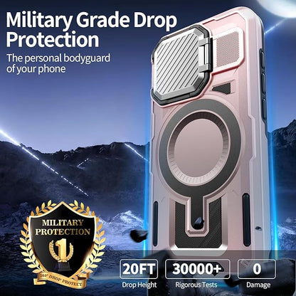 Camera Stand Case for iPhone 15 Pro Max, [Compatible with Mag Safe] [Lens Cover] 2024 Version Military Grade Protective Soft Case for iPhone 15 Pro Max 6.7 inch Men Women, Pink