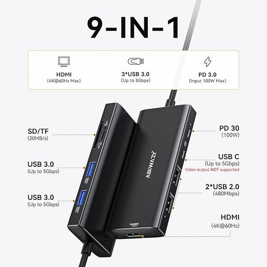 Hub Multiport Adapter for MacBook Pro/Air, 9 in 1 Accessories Mac USB C Dongle Dock Adapter with HDMI, SD/TF Card Reader, USB C Port, PD 100W and 4 USB for Dell XPS, Lenovo HP Laptops