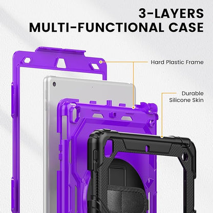 Timecity Case for iPad 9th/ 8th/ 7th Generation 10.2 inch - Heavy Duty Protective Cover with Screen Protector, Rotating Stand, Shoulder Strap & Pencil Holder | Kids-Friendly (Purple)
