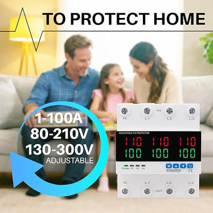 KNMIPJD Over Under Voltage Protection Device, 110V 100A Adjustable Circuit Breaker with LED Display for Real-Time Monitoring of Voltage, Current, Power, Home Commercial Electrical Safety（4P 100A）