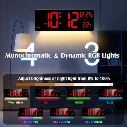 Xflyee 16.5" Large Digital Wall Clock with RGB Night Lights, Auto Dimmer, Remote Control, Date, Indoor Temperature, DST
