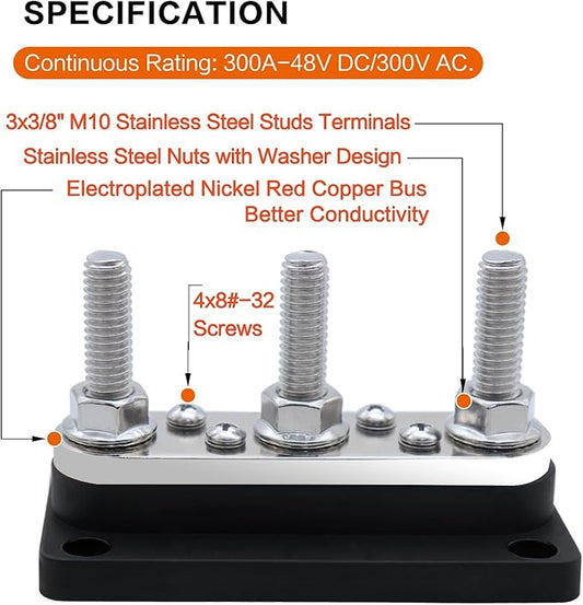 AMOMD 300A Bus Bars 3 Terminal Studs (3/8 inch) M10 4 8#-32 Screws Nickel Plated Copper Distribution Block Negative Electrical Buss Bars 12-48 V DC with Cover for Trailer Marine Boat Car RV (Black)