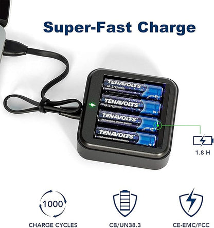 TENAVOLTS 1.5V Lithium Rechargeable AA Batteries, AA Battery for Xbox Controller, AA Rechargeable Batteries for Blink Camera with USB Cable Type C Port, 1.8 Hour Fast Charging, 2 Count with Charger