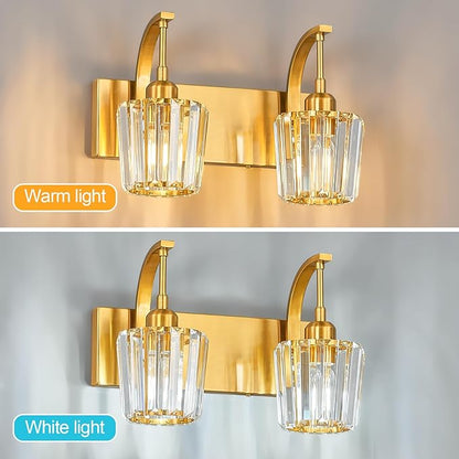 FDPBY Modern Bathroom Vanity Light, 2-Light Gold Wall Sconce with Crystal Accents, Over Mirror Bathroom Lighting Fixture, 13.77" Long Dimmable Vanity Lamp for Makeup, Easy Installation
