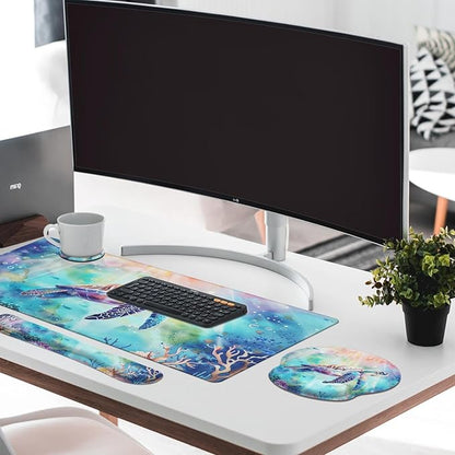 Britimes Sea Turtle Cute Ocean Keyboard Mouse Pad Set 4in1 Large Mousepad+Keyboard Wrist Rest+Mouse Wrist Rest+Coaster Set with Ergonomic Design for Home Office Computer 35.4x15.7 inches
