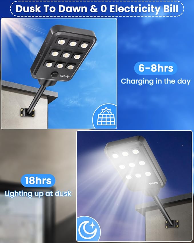 Gefolly G-9000W Solar Street Light Outdoor, Wide Angle Commercial Parking Lot Light Dusk to Dawn 6500K IP67 Flood Security with Motion Sensor Lamp for Yard, Basketball Court
